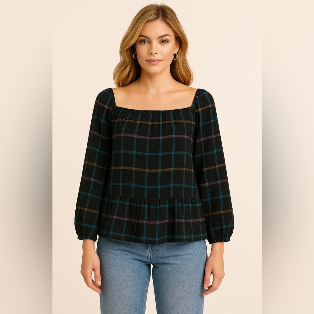LOFT Plaid Peasant Top Black‎ Multicolor Long Sleeve Blouse L